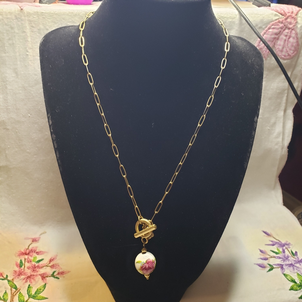 Vintage Canvas Paper Clip Necklace & Stretch Bracelet With Porcelain Beads